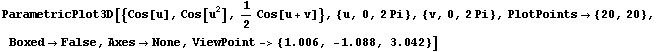 RowBox[{ParametricPlot3D, [, RowBox[{{Cos[u], Cos[u^2], 1/2Cos[u + v]}, ,, {u, 0, 2Pi}, ,, {v, ... {ViewPoint, ->, RowBox[{{, RowBox[{1.006, ,,  , RowBox[{-, 1.088}], ,,  , 3.042}], }}]}]}], ]}]