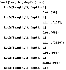 koch[length_, depth_] := (
koch[length/3, depth - 1] ; 
      &n ... p;         right[90] ; 
koch[length/3, depth - 1]) ; 