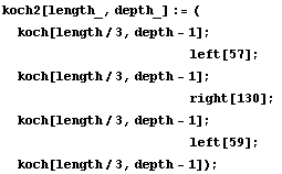 koch2[length_, depth_] := (
koch[length/3, depth - 1] ; 
      & ... bsp;         left[59] ; 
koch[length/3, depth - 1]) ;