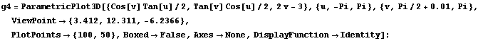 RowBox[{RowBox[{g4, =, RowBox[{ParametricPlot3D, [, RowBox[{{Cos[v] Tan[u]/2, Tan[v] Cos[u]/2, ... tPoints -> {100, 50}, ,, Boxed -> False, ,, Axes -> None, ,, DisplayFunction -> Identity}], ]}]}], ;}]