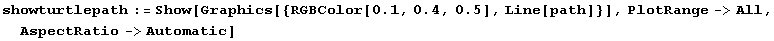 RowBox[{showturtlepath, :=, RowBox[{Show, [, RowBox[{RowBox[{Graphics, [, RowBox[{{, RowBox[{R ... 0.5}], ]}], ,, Line[path]}], }}], ]}], ,, PlotRange->All, ,, AspectRatio->Automatic}], ]}]}]