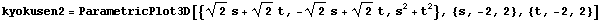 kyokusen2 = ParametricPlot3D[{2^(1/2) s + 2^(1/2) t, -2^(1/2) s + 2^(1/2) t, s^2 + t^2}, {s, -2, 2}, {t, -2, 2}]
