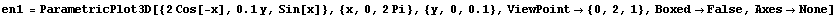 en1 = ParametricPlot3D[{2 Cos[-x], 0.1y, Sin[x]}, {x, 0, 2 Pi}, {y, 0, 0.1}, ViewPoint -> {0, 2, 1}, Boxed -> False, Axes -> None]