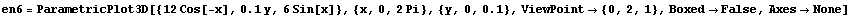 en6 = ParametricPlot3D[{12 Cos[-x], 0.1y, 6 Sin[x]}, {x, 0, 2 Pi}, {y, 0, 0.1}, ViewPoint -> {0, 2, 1}, Boxed -> False, Axes -> None]