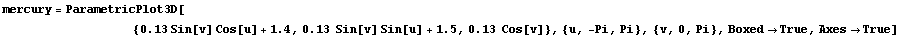 mercury = ParametricPlot3D[
          &nbs ... n[v] Sin[u] + 1.5, 0.13  Cos[v]}, {u, -Pi, Pi}, {v, 0, Pi}, Boxed -> True, Axes -> True]