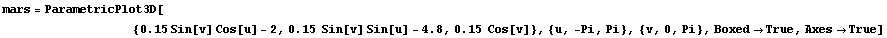mars = ParametricPlot3D[
           & ... n[v] Sin[u] - 4.8, 0.15  Cos[v]}, {u, -Pi, Pi}, {v, 0, Pi}, Boxed -> True, Axes -> True]