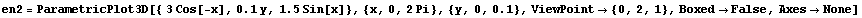en2 = ParametricPlot3D[{ 3Cos[-x], 0.1y, 1.5 Sin[x]}, {x, 0, 2 Pi}, {y, 0, 0.1}, ViewPoint -> {0, 2, 1}, Boxed -> False, Axes -> None]