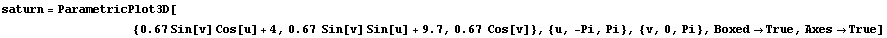 saturn = ParametricPlot3D[
            ... n[v] Sin[u] + 9.7, 0.67  Cos[v]}, {u, -Pi, Pi}, {v, 0, Pi}, Boxed -> True, Axes -> True]