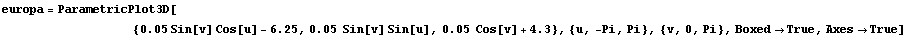 europa = ParametricPlot3D[
            ... n[v] Sin[u], 0.05  Cos[v] + 4.3}, {u, -Pi, Pi}, {v, 0, Pi}, Boxed -> True, Axes -> True]