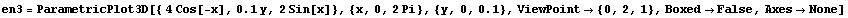en3 = ParametricPlot3D[{ 4 Cos[-x], 0.1y, 2Sin[x]}, {x, 0, 2 Pi}, {y, 0, 0.1}, ViewPoint -> {0, 2, 1}, Boxed -> False, Axes -> None]