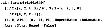zu1 = ParametricPlot3D[{3/2 x[s, 2, t, Pi/6], 3/2 y[s, 2, t, 0], 3/2 z[s, 2, t, 0]}, 
 {t, 0, 2Pi}, {s, -Pi, Pi}, AspectRatio -> Automatic, Axes -> None, Boxed -> False]