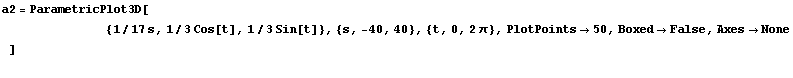 a2 = ParametricPlot3D[
           &nb ... 3 Cos[t], 1/3 Sin[t]}, {s, -40, 40}, {t, 0, 2π}, PlotPoints -> 50, Boxed -> False, Axes -> None
] 

